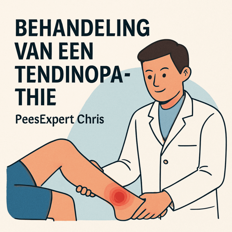 Illustratie van een fysiotherapeut in witte jas die het onderbeen van een patiënt onderzoekt met zichtbare pijnlocatie op de achillespees. Links in beeld staat de titel “Behandeling van een tendinopathie – PeesExpert Chris”.