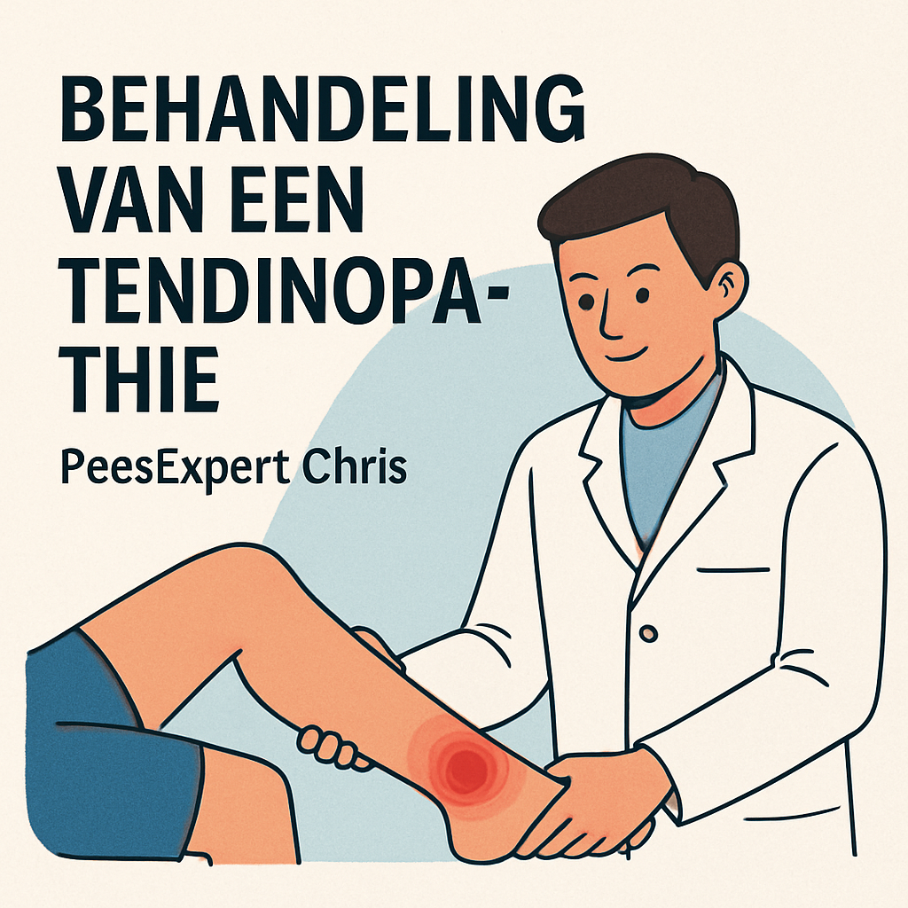 Illustratie van een fysiotherapeut in witte jas die het onderbeen van een patiënt onderzoekt met zichtbare pijnlocatie op de achillespees. Links in beeld staat de titel “Behandeling van een tendinopathie – PeesExpert Chris”.