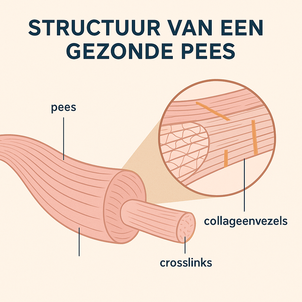 schematische weergave van een ''gezonde'' pees. duidelijk zichtbaar het lineaire verloop van de vezels en de crosslink verbindingen 