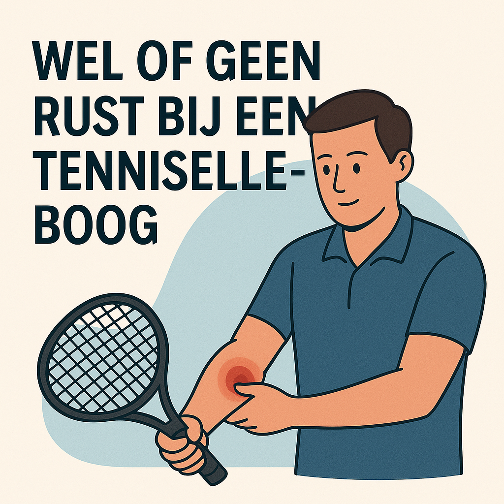 Illustratie van een tennisser die zijn pijnlijke elleboog vasthoudt, met de titel “Wel of geen rust bij een tenniselleboog” in zwarte letters erboven.