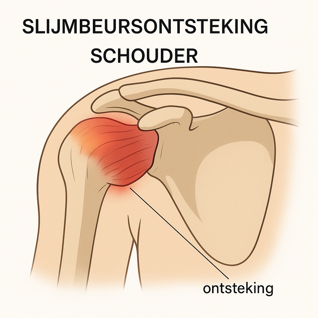 Medische illustratie van een schouder met een slijmbeursontsteking. De bursa boven de schouderkop is rood gekleurd om ontsteking aan te geven. Bovenaan staat de tekst “Slijmbeursontsteking schouder” en onderaan wordt de ontstoken plek aangewezen met een label “ontsteking”.