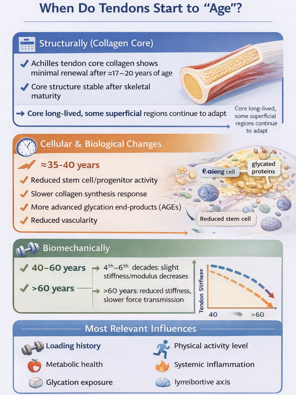 schematische afbeelding waatin uiteengezet wordt hoe pezen verouderen in de verschillende leeftijdscategorieën