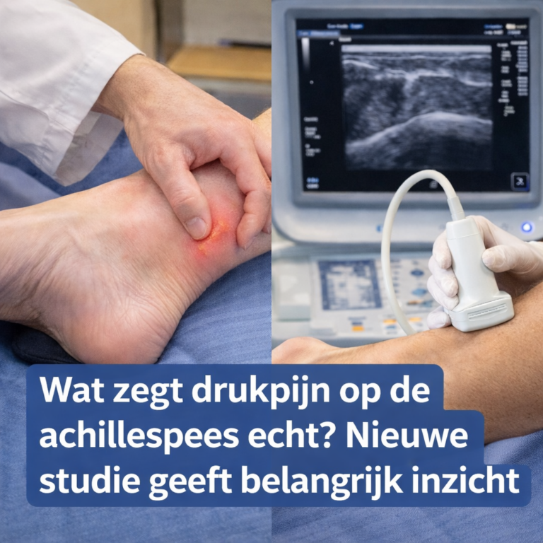 schematische afbeelding van iemand die in achillespees drukt en echografie maakt
