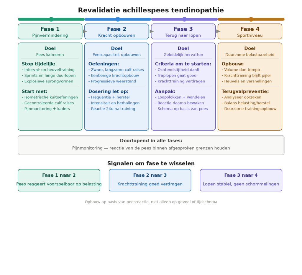 schematische afbeelding voor visualiseren 4 fases van herstel bij peesklachten 