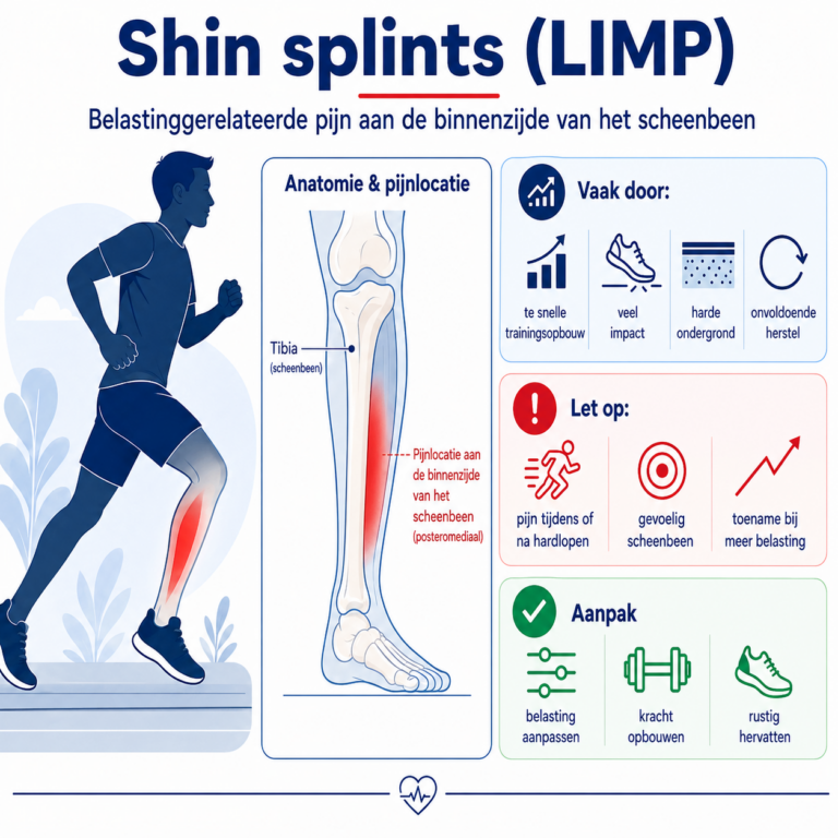 Infographic over shin splints LIMP met uitleg over belastinggerelateerde pijn aan de binnenzijde van het scheenbeen, oorzaken, alarmsignalen en hersteladvies voor hardlopers.