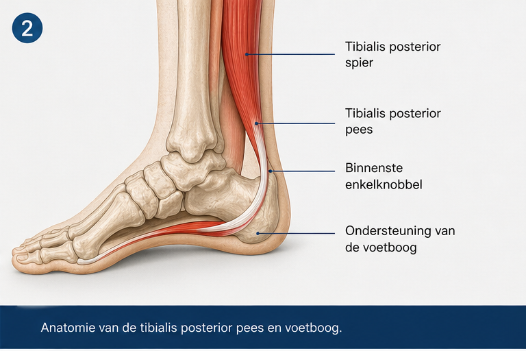 Anatomie van de tibialis posterior pees en voetboog.
