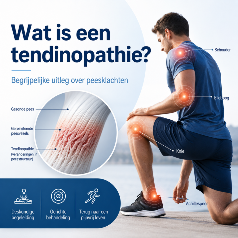 Illustratie over tendinopathie met uitleg over peesklachten en veelvoorkomende locaties zoals schouder, elleboog, knie en achillespees