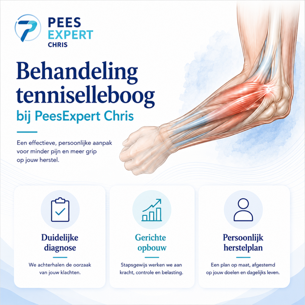 Behandeling tenniselleboog bij PeesExpert Chris met focus op diagnose, gerichte opbouw en persoonlijk herstelplan