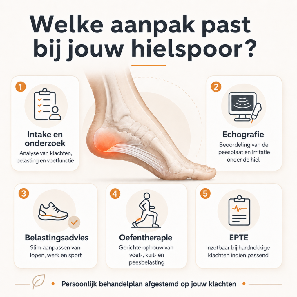 Overzicht van de aanpak bij hielspoor met intake en onderzoek, echografie, belastingsadvies, oefentherapie en EPTE