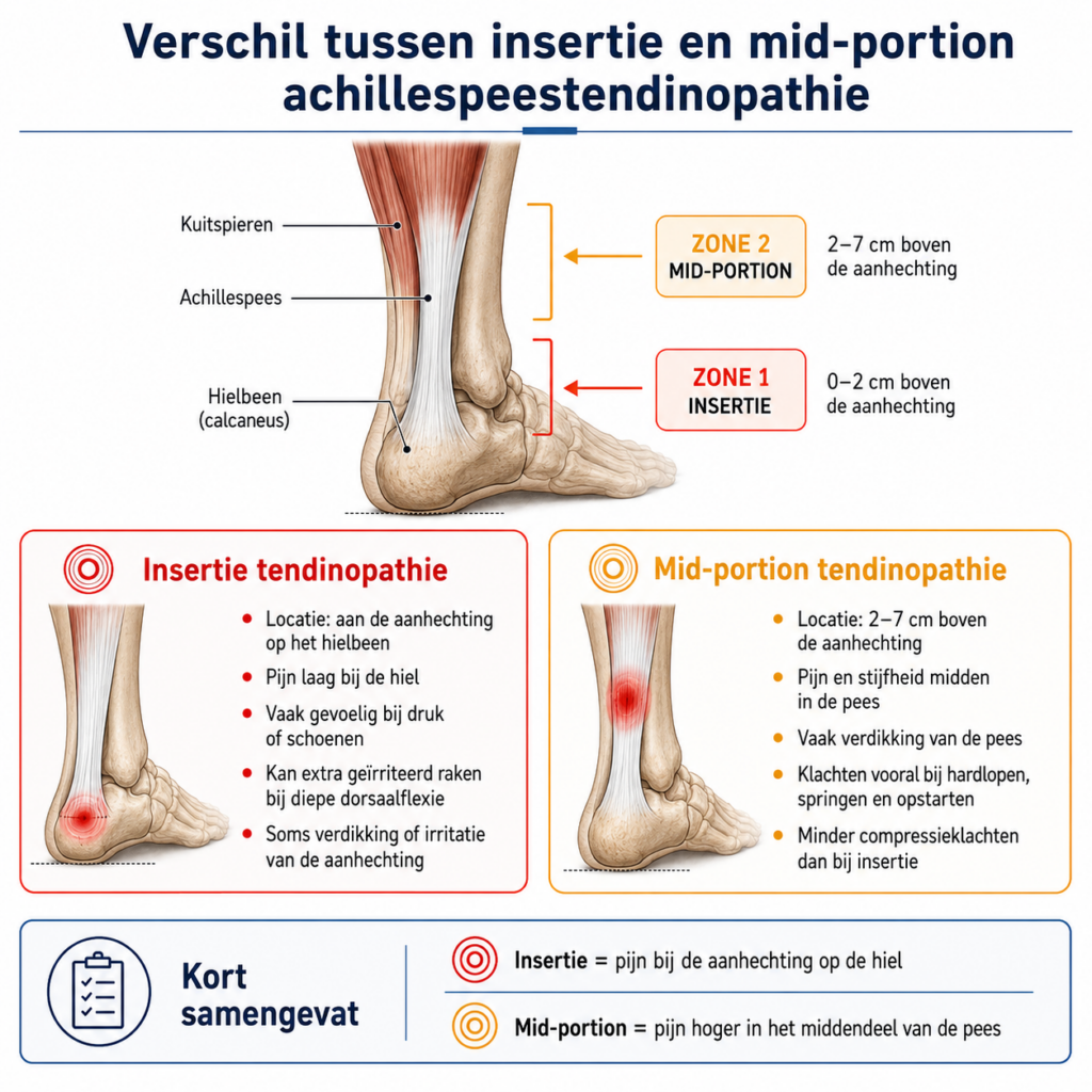 Infographic over het verschil tussen insertie en mid-portion achillespeestendinopathie met pijnlocatie bij de hiel en hoger in de achillespees.