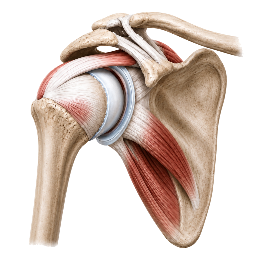 Anatomische afbeelding van het schoudergewricht met rotator cuff, bovenarmkop, schouderblad en sleutelbeen