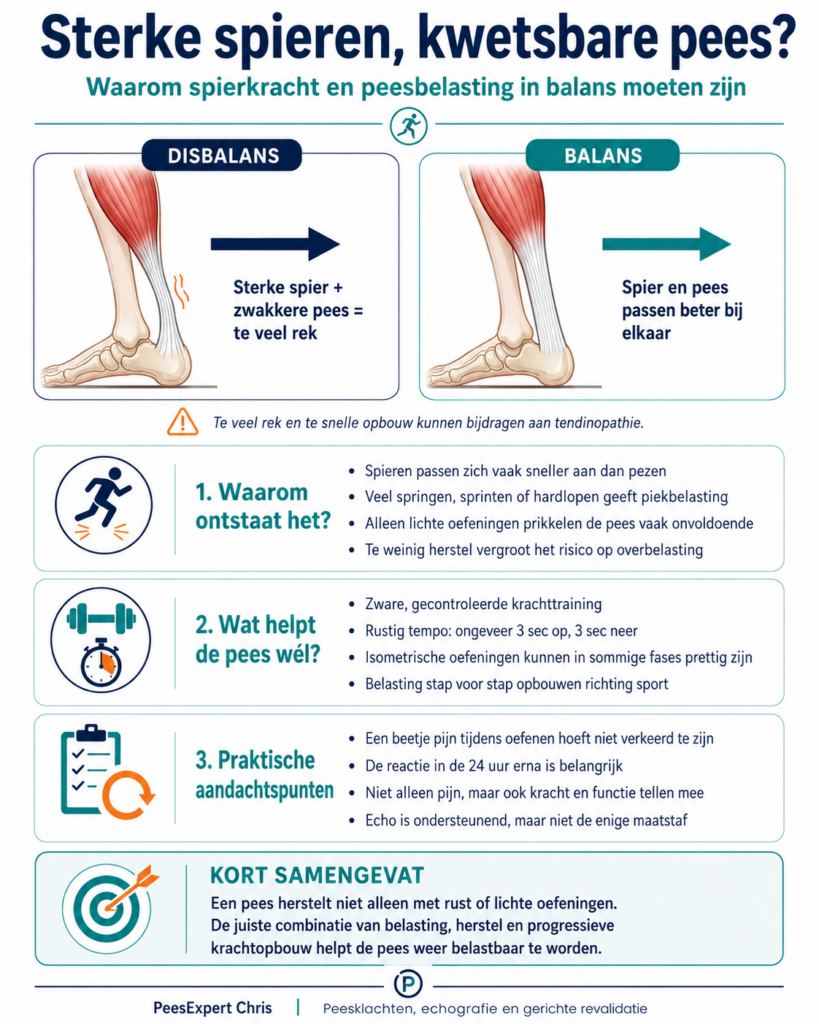 Infographic over de balans tussen spierkracht en peesbelasting, met uitleg over zware krachttraining, herstel en progressieve peesopbouw.