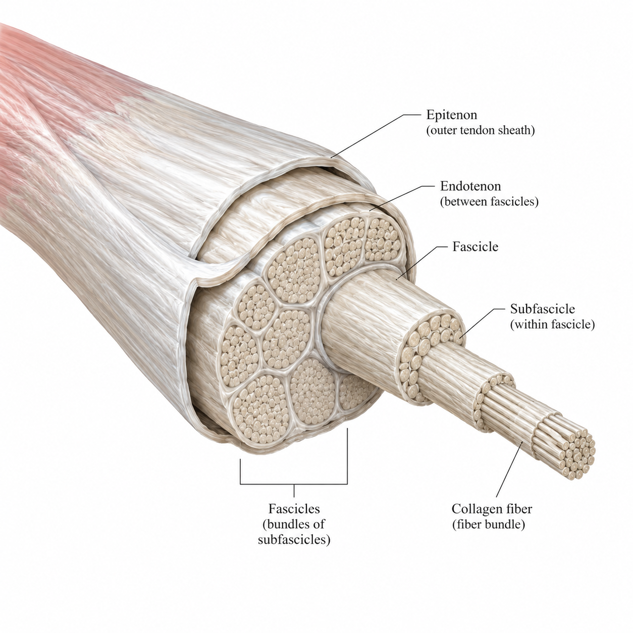 Anatomische doorsnede van een pees met epitenon, endotenon, fascikels, subfascikels en collageenvezels.