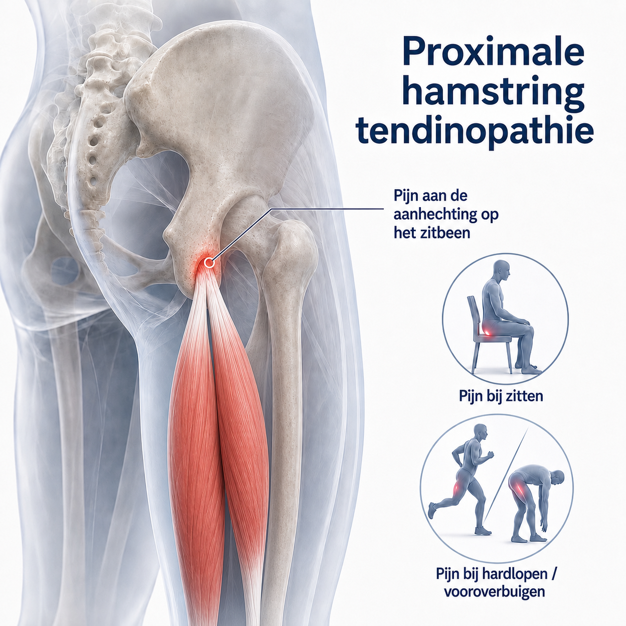 Anatomische illustratie van proximale hamstringtendinopathie met pijn bij de aanhechting van de hamstringpezen op het zitbeen.