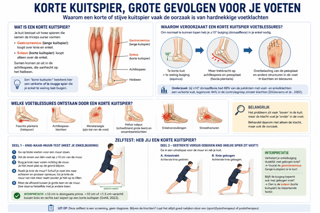Infographic over hoe een korte kuitspier de enkelbuiging beperkt en kan bijdragen aan hielspoor, achillespeesklachten, metatarsalgie, enkelverstuikingen en stressfracturen.