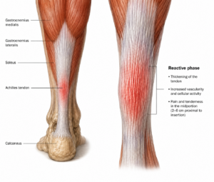 Anatomische illustratie van de onderzijde van het onderbeen en de Achillespees, weergegeven vanuit achteraanzicht. De mid-portion van de Achillespees is rood gekleurd om de pijnlijke zone in de reactieve fase van achillespeestendinopathie te benadrukken. De kuitspieren, pees en het hielbeen zijn anatomisch realistisch afgebeeld.