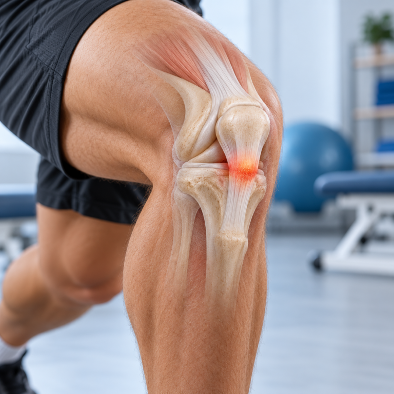 Anatomische weergave van pijn in de patellapees onder de knieschijf bij een jumpers knee
